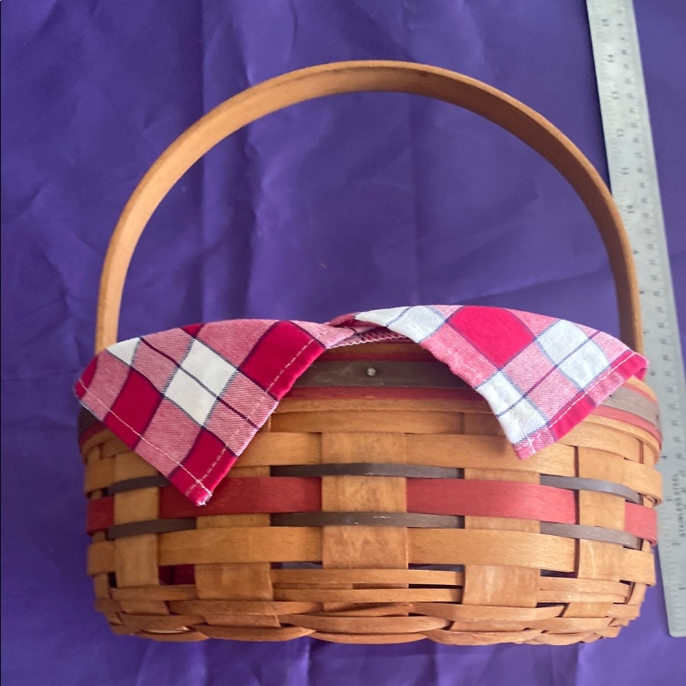 Longaberger Brown Basket with Red and White Cloth